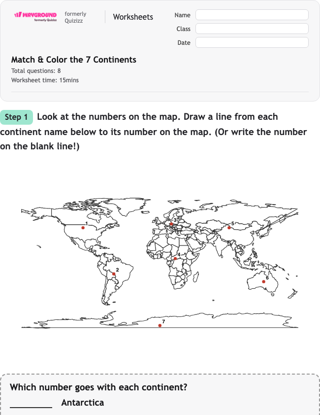 Match & Color the 7 Continents - Printable Continents Worksheets Kindergarten - Wayground