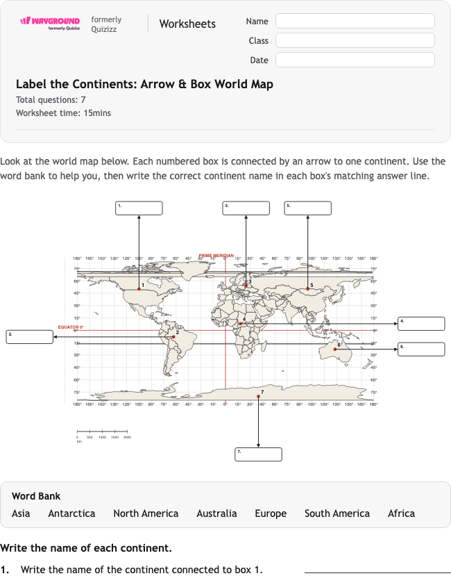 Label the Continents: Arrow & Box World Map - Imprimible Continentes Hojas-de-trabajo - Wayground