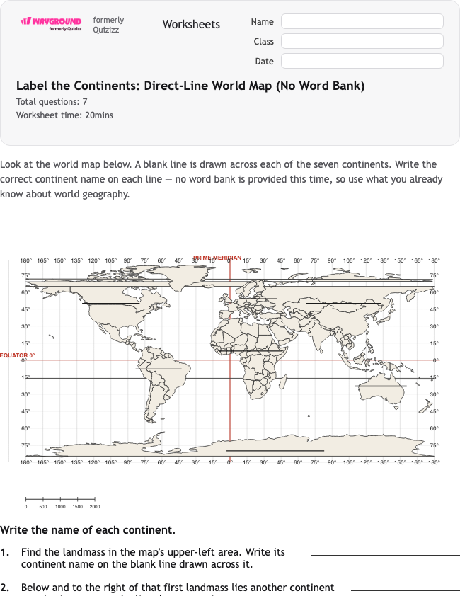 Label the Continents: Direct-Line World Map (No Word Bank) - Imprimible Continentes Hojas-de-trabajo - Wayground