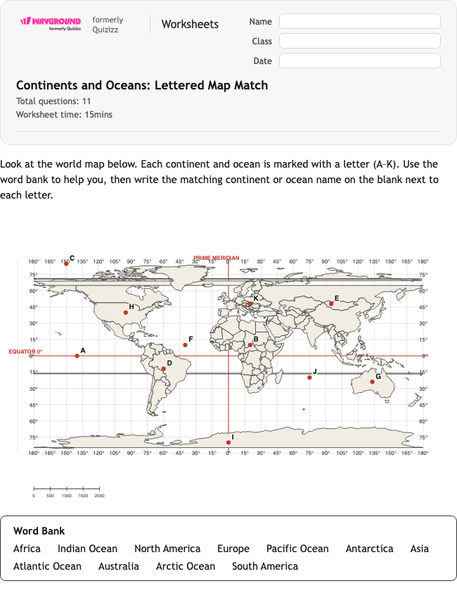 Continents and Oceans: Lettered Map Match - Imprimible Continentes Hojas-de-trabajo - Wayground