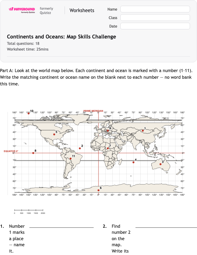 Continents and Oceans: Map Skills Challenge - Imprimible Continentes Hojas-de-trabajo - Wayground