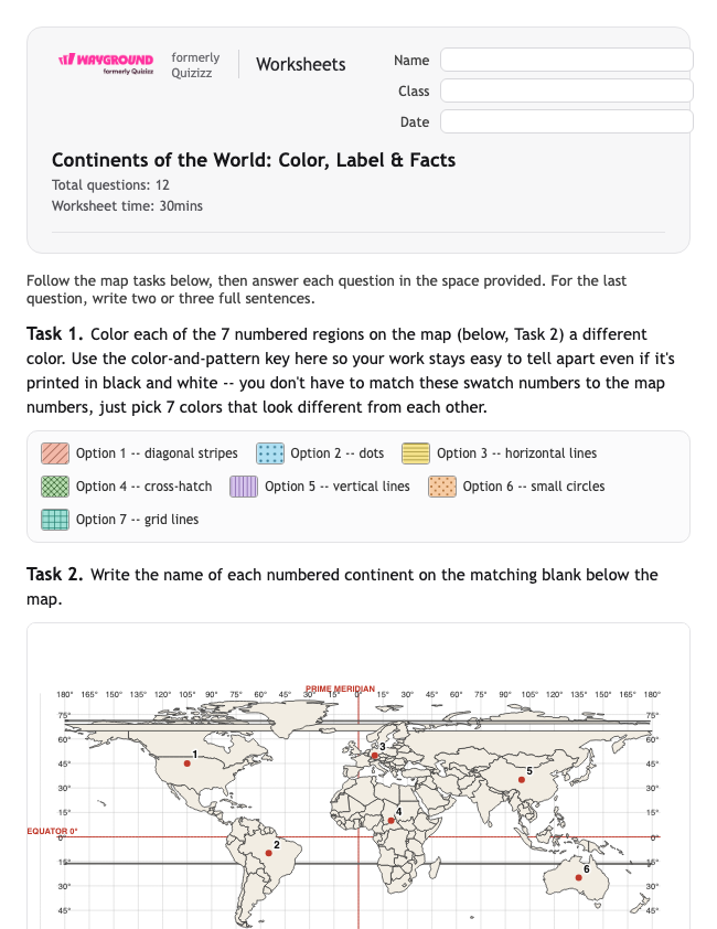 Continents of the World: Color, Label & Facts - Imprimible Continentes Hojas-de-trabajo - Wayground