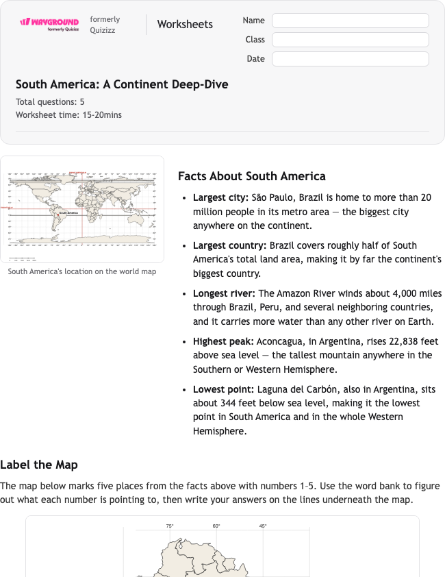South America: A Continent Deep-Dive - Imprimible Continentes Hojas-de-trabajo - Wayground