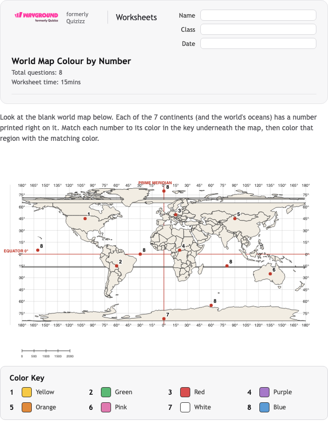 World Map Colour by Number - Imprimible Continentes Hojas-de-trabajo - Wayground