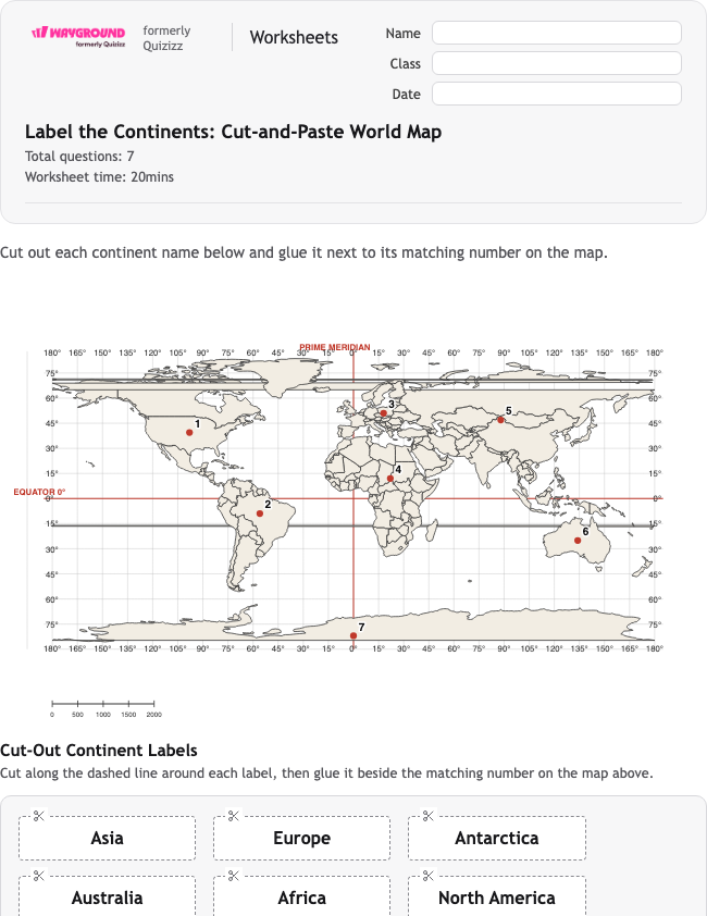 Label the Continents: Cut-and-Paste World Map - Imprimible Continentes Hojas-de-trabajo - Wayground
