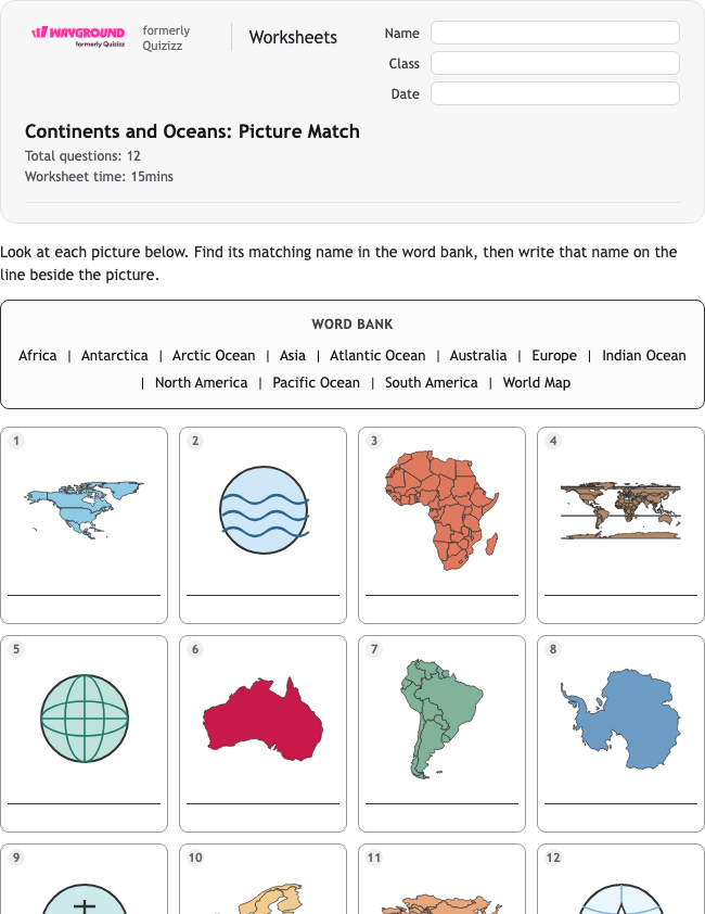 Continents and Oceans: Picture Match - Imprimible Continentes Hojas-de-trabajo - Wayground