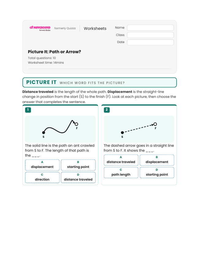 Picture It: Path or Arrow? - Imprimible Distancia-y-desplazamiento Hojas-de-trabajo Grado 6 - Wayground