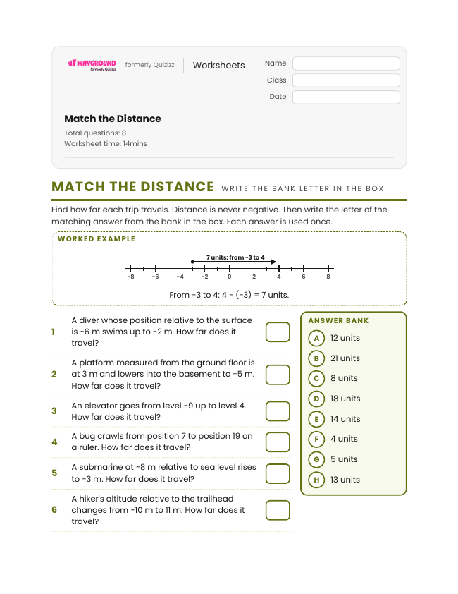 Match the Distance - Imprimible Distancia-y-desplazamiento Hojas-de-trabajo Grado 6 - Wayground