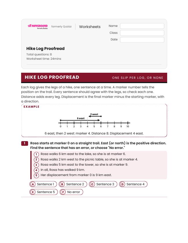 Hike Log Proofread - Imprimible Distancia-y-desplazamiento Hojas-de-trabajo Grado 6 - Wayground
