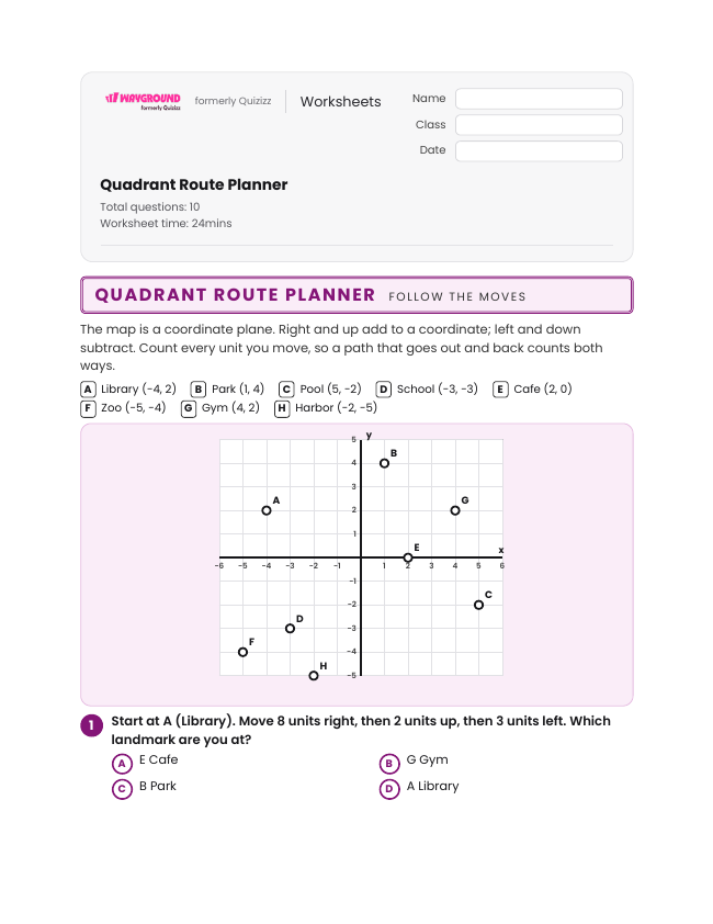 Quadrant Route Planner - Imprimible Distancia-y-desplazamiento Hojas-de-trabajo Grado 6 - Wayground