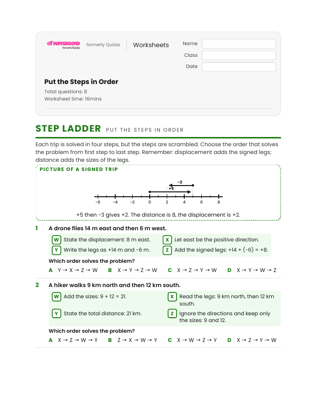 Put the Steps in Order - Imprimible Distancia-y-desplazamiento Hojas-de-trabajo Grado 7 - Wayground