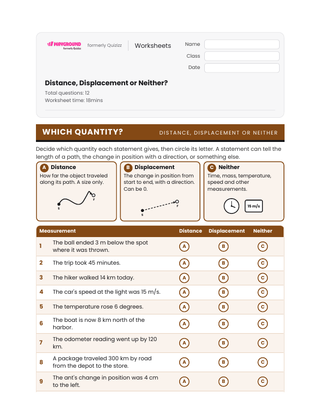 Distance, Displacement or Neither? - Imprimible Distancia-y-desplazamiento Hojas-de-trabajo Grado 7 - Wayground