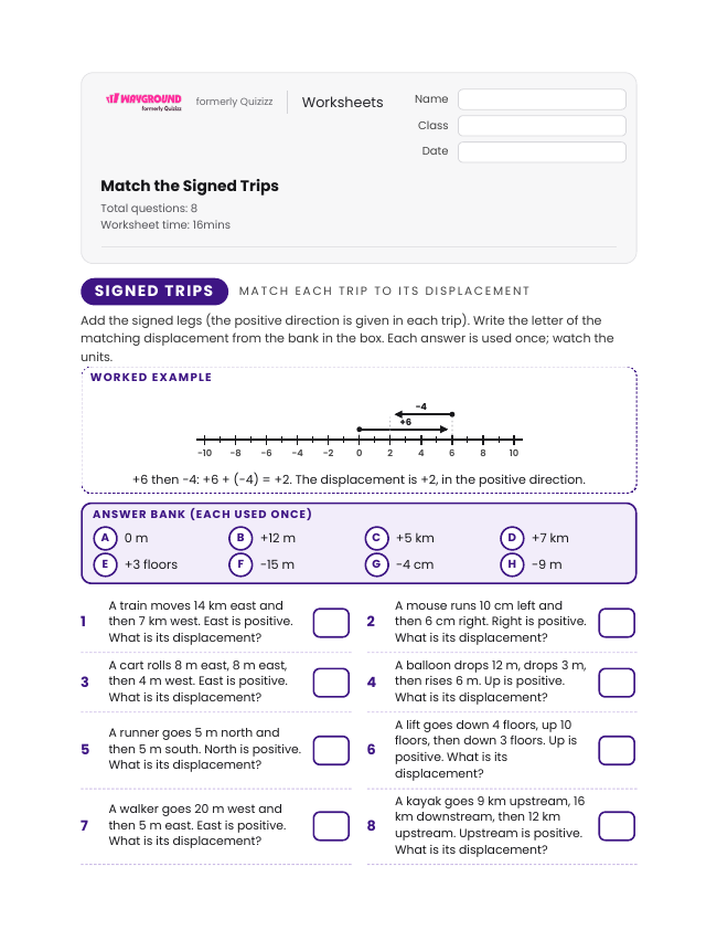 Match the Signed Trips - Imprimible Distancia-y-desplazamiento Hojas-de-trabajo Grado 7 - Wayground