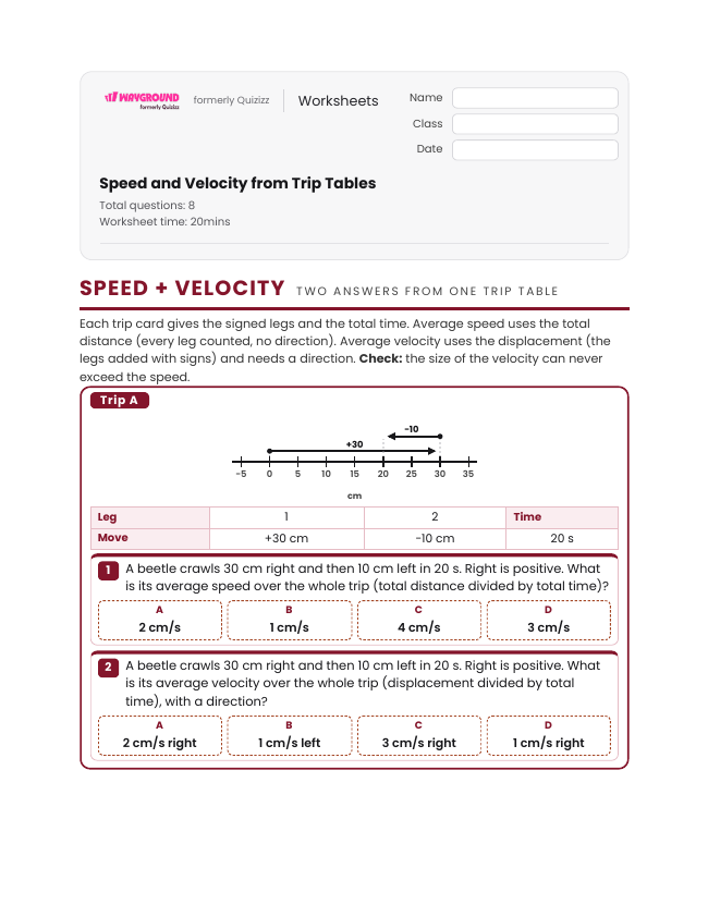 Speed and Velocity from Trip Tables - Imprimible Distancia-y-desplazamiento Hojas-de-trabajo Grado 7 - Wayground