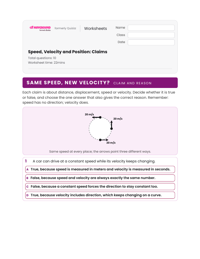 Speed, Velocity and Position: Claims - Imprimible Distancia-y-desplazamiento Hojas-de-trabajo Grado 7 - Wayground