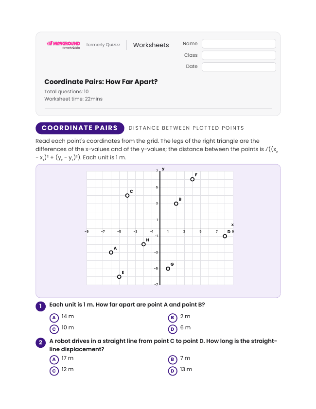 Coordinate Pairs: How Far Apart? - Imprimible Distancia-y-desplazamiento Hojas-de-trabajo Grado 8 - Wayground