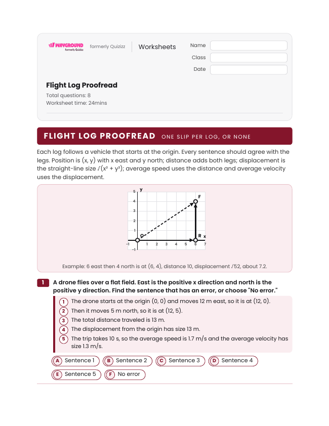 Flight Log Proofread - Imprimible Distancia-y-desplazamiento Hojas-de-trabajo Grado 8 - Wayground