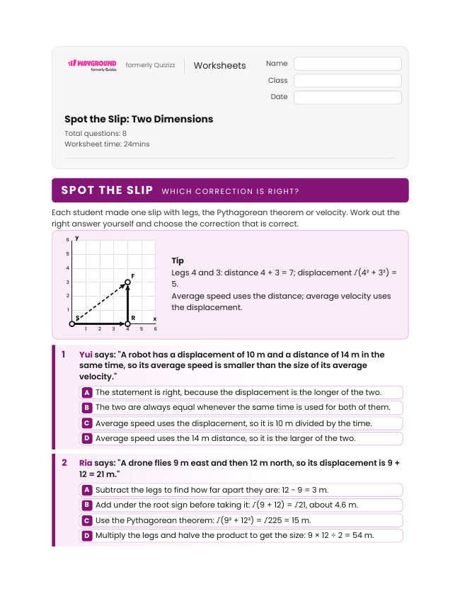 Spot the Slip: Two Dimensions - Imprimible Distancia-y-desplazamiento Hojas-de-trabajo Grado 8 - Wayground