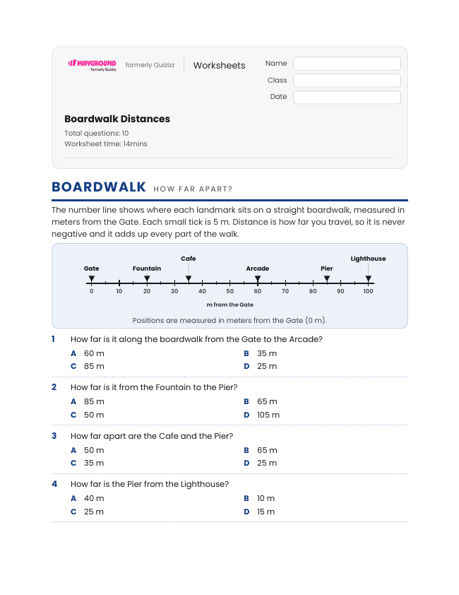 Boardwalk Distances - พิมพ์ได้ Distance-and-displacement เวิร์กชีท - Wayground