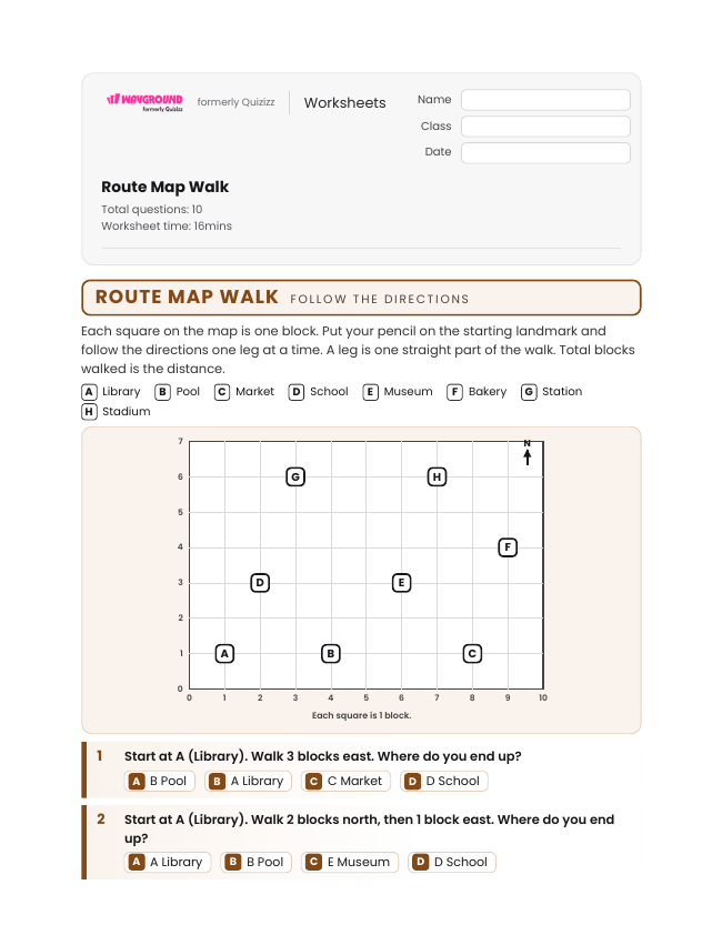 Route Map Walk - พิมพ์ได้ Distance-and-displacement เวิร์กชีท - Wayground