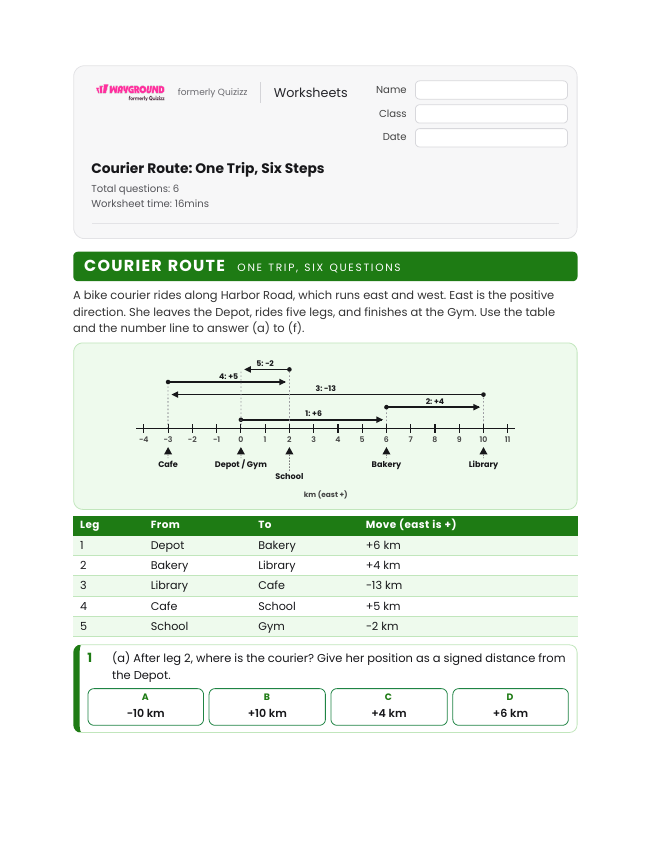 Courier Route: One Trip, Six Steps - พิมพ์ได้ Distance-and-displacement เวิร์กชีท - Wayground