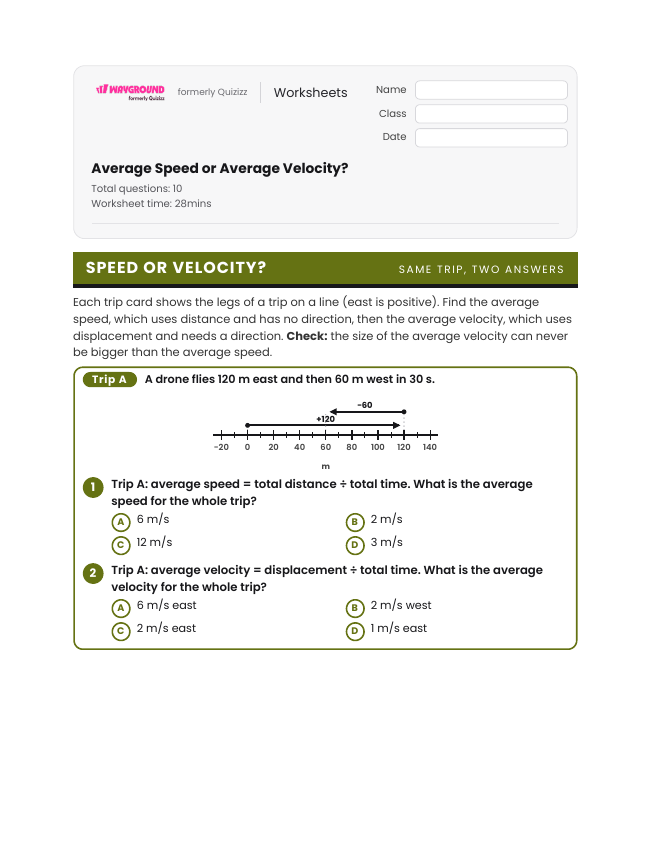 Average Speed or Average Velocity? - พิมพ์ได้ Distance-and-displacement เวิร์กชีท - Wayground