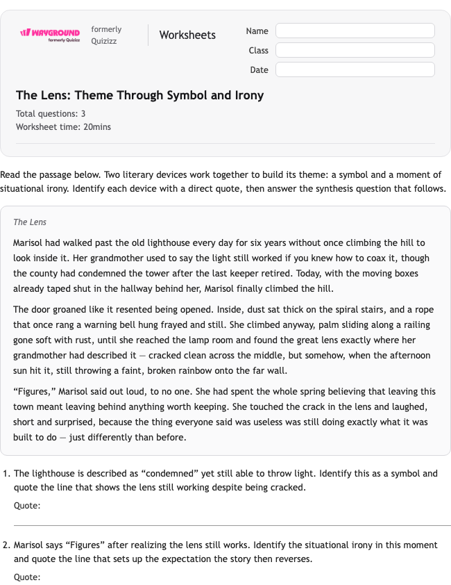 The Lens: Theme Through Symbol and Irony - พิมพ์ได้ อีแอลเอ เวิร์กชีท ระดับ 10 - Wayground