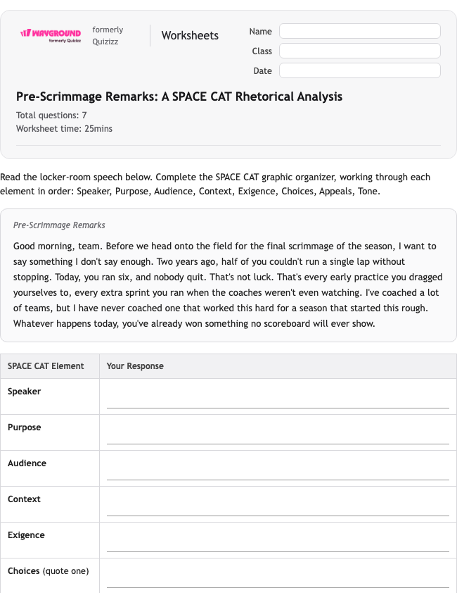 Pre-Scrimmage Remarks: A SPACE CAT Rhetorical Analysis - พิมพ์ได้ อีแอลเอ เวิร์กชีท ระดับ 10 - Wayground