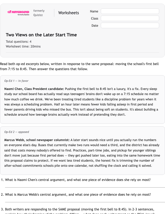 Two Views on the Later Start Time - พิมพ์ได้ อีแอลเอ เวิร์กชีท ระดับ 10 - Wayground