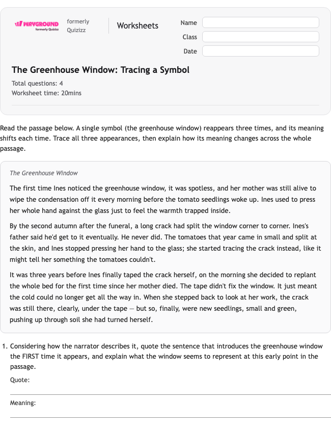 The Greenhouse Window: Tracing a Symbol - พิมพ์ได้ อีแอลเอ เวิร์กชีท ระดับ 10 - Wayground