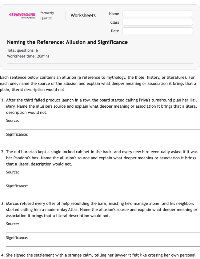 Naming the Reference: Allusion and Significance - พิมพ์ได้ อีแอลเอ เวิร์กชีท ระดับ 10 - Wayground