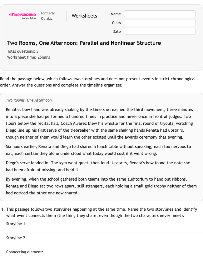 Two Rooms, One Afternoon: Parallel and Nonlinear Structure - พิมพ์ได้ อีแอลเอ เวิร์กชีท ระดับ 10 - Wayground