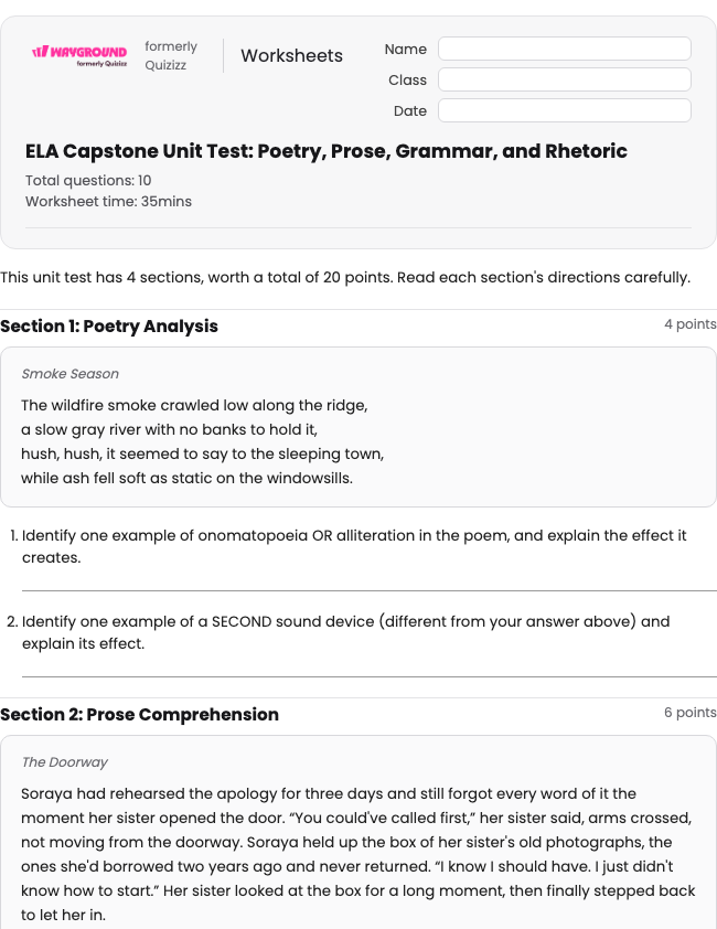 ELA Capstone Unit Test: Poetry, Prose, Grammar, and Rhetoric - พิมพ์ได้ อีแอลเอ เวิร์กชีท ระดับ 10 - Wayground
