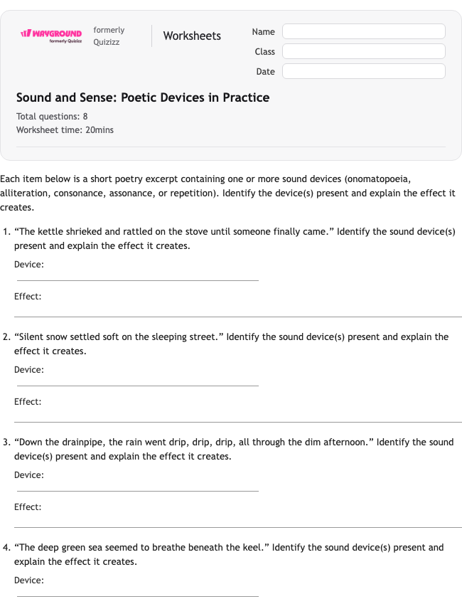 Sound and Sense: Poetic Devices in Practice - พิมพ์ได้ อีแอลเอ เวิร์กชีท ระดับ 10 - Wayground