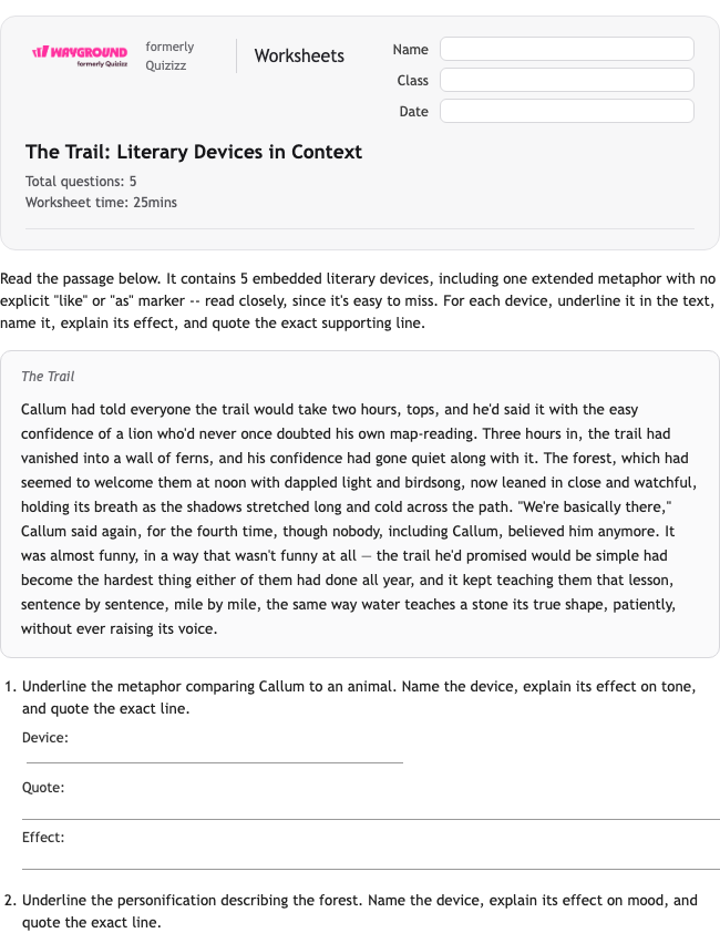 The Trail: Literary Devices in Context - พิมพ์ได้ อีแอลเอ เวิร์กชีท ระดับ 10 - Wayground