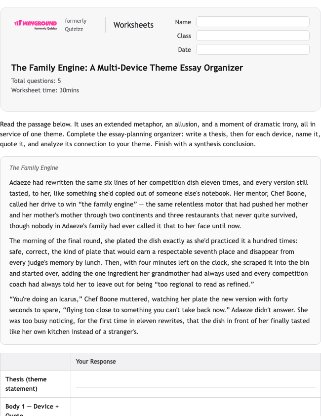 The Family Engine: A Multi-Device Theme Essay Organizer - พิมพ์ได้ อีแอลเอ เวิร์กชีท ระดับ 10 - Wayground