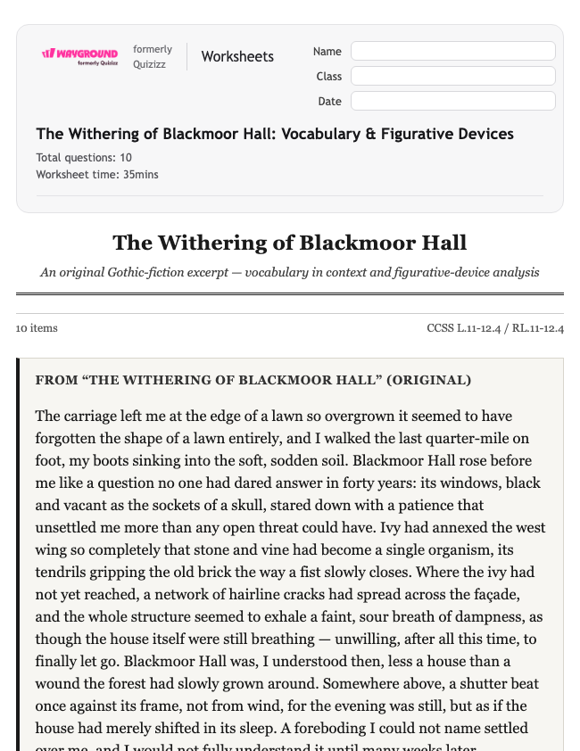 The Withering of Blackmoor Hall: Vocabulary & Figurative Devices - Imprimible Ela Worksheets Class 11 - Wayground