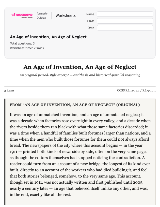 An Age of Invention, An Age of Neglect - Imprimible Ela Worksheets Class 11 - Wayground