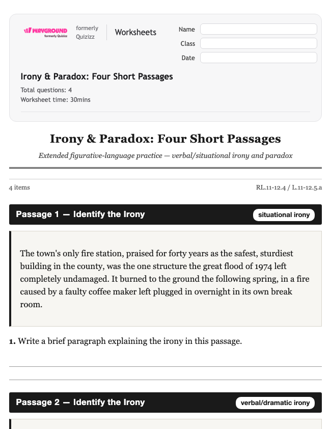 Irony & Paradox: Four Short Passages - Imprimible Ela Worksheets Class 11 - Wayground