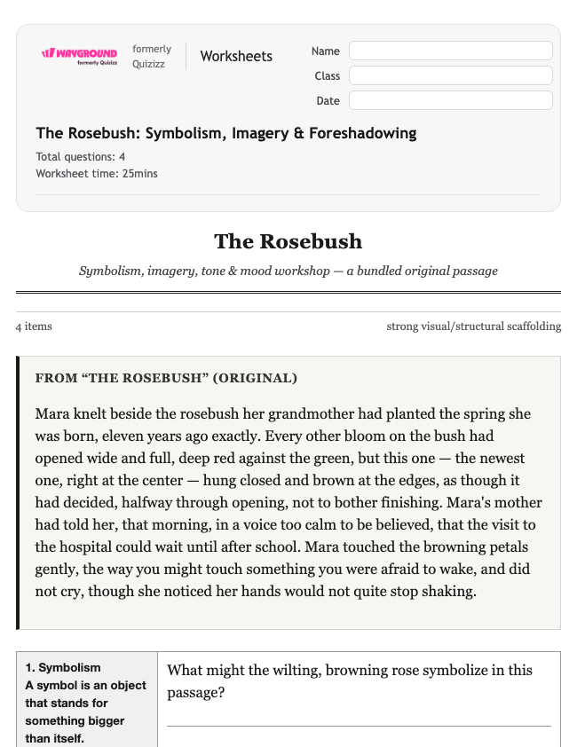 The Rosebush: Symbolism, Imagery & Foreshadowing - Imprimible Ela Worksheets Class 11 - Wayground