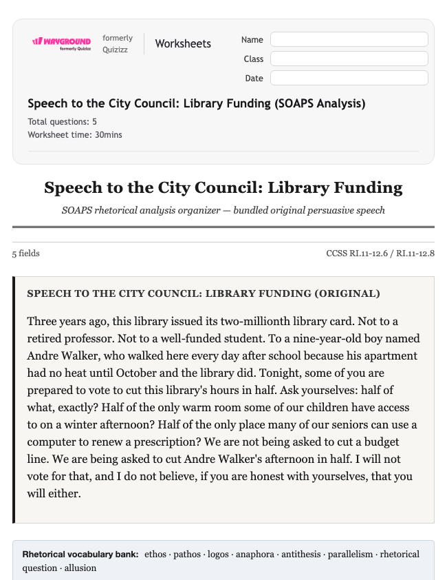 Speech to the City Council: Library Funding (SOAPS Analysis) - Imprimible Ela Worksheets Class 11 - Wayground
