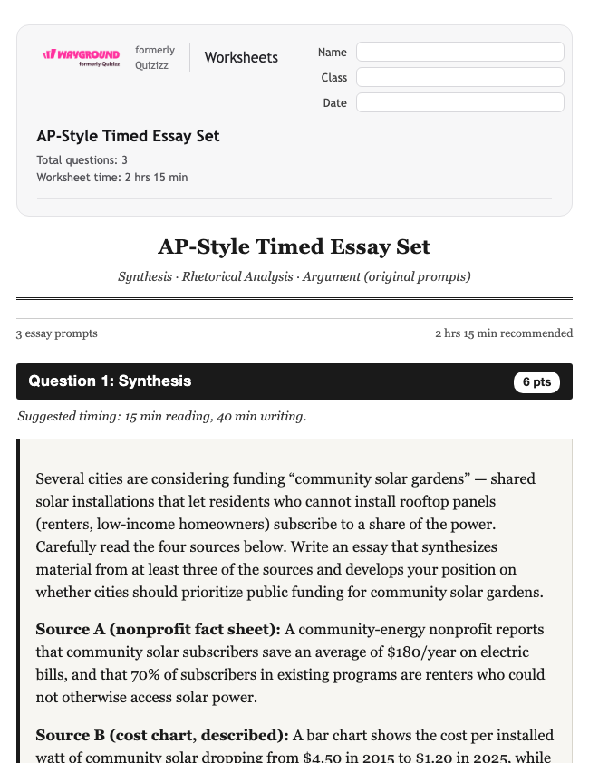AP-Style Timed Essay Set: Synthesis, Rhetorical Analysis & Argument - Imprimible Ela Worksheets Class 11 - Wayground