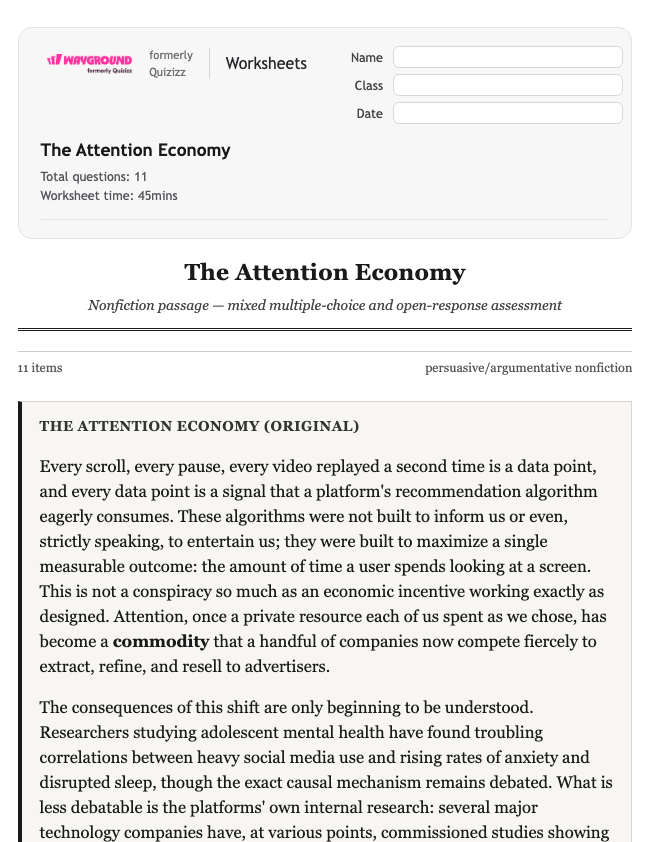 The Attention Economy: Nonfiction Mixed Assessment - Imprimible Ela Worksheets Class 11 - Wayground