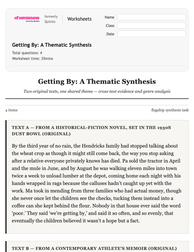 Getting By: A Thematic Synthesis - Imprimible Ela Worksheets Class 11 - Wayground