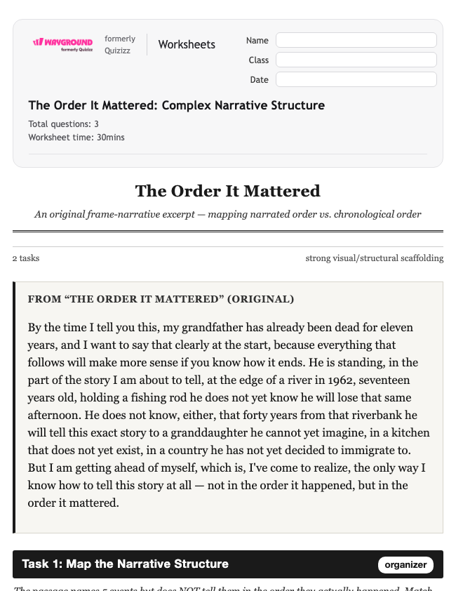 The Order It Mattered: Complex Narrative Structure - Imprimible Ela Worksheets Class 11 - Wayground