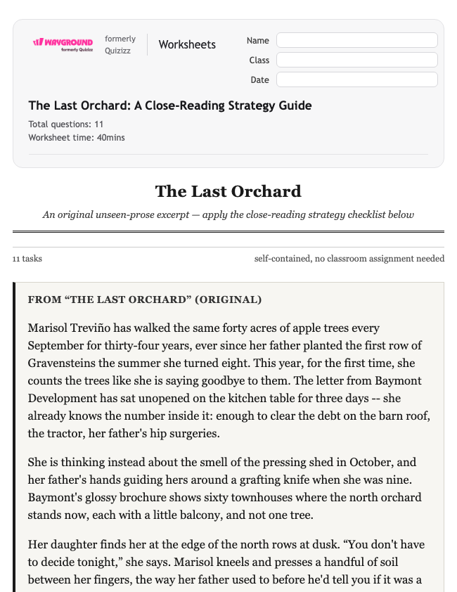 The Last Orchard: A Close-Reading Strategy Guide - Imprimible Ela Worksheets Class 11 - Wayground