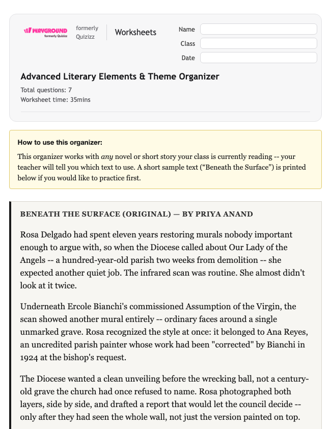 Advanced Literary Elements & Theme Organizer - Imprimible Ela Worksheets Class 11 - Wayground