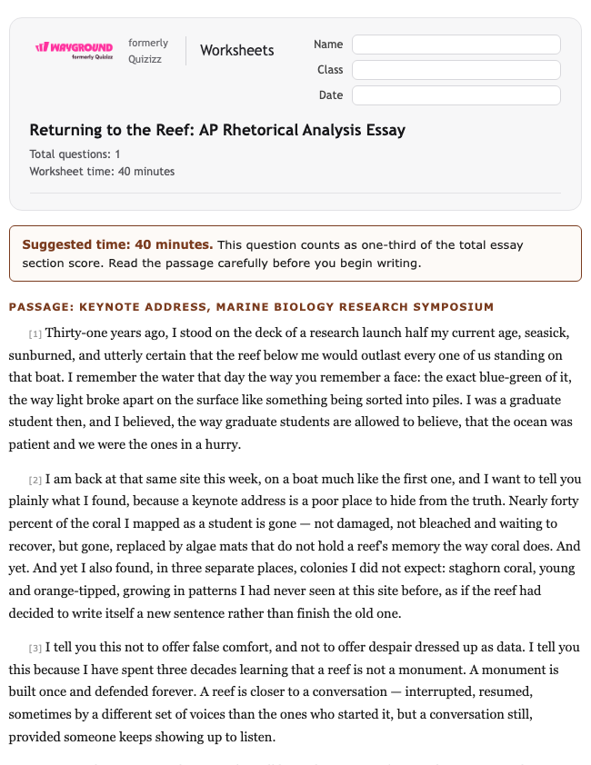 Returning to the Reef: AP Rhetorical Analysis Essay - Printable Ela Worksheets Class 12 - Wayground