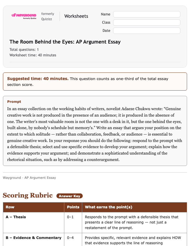 The Room Behind the Eyes: AP Argument Essay - Printable Ela Worksheets Class 12 - Wayground