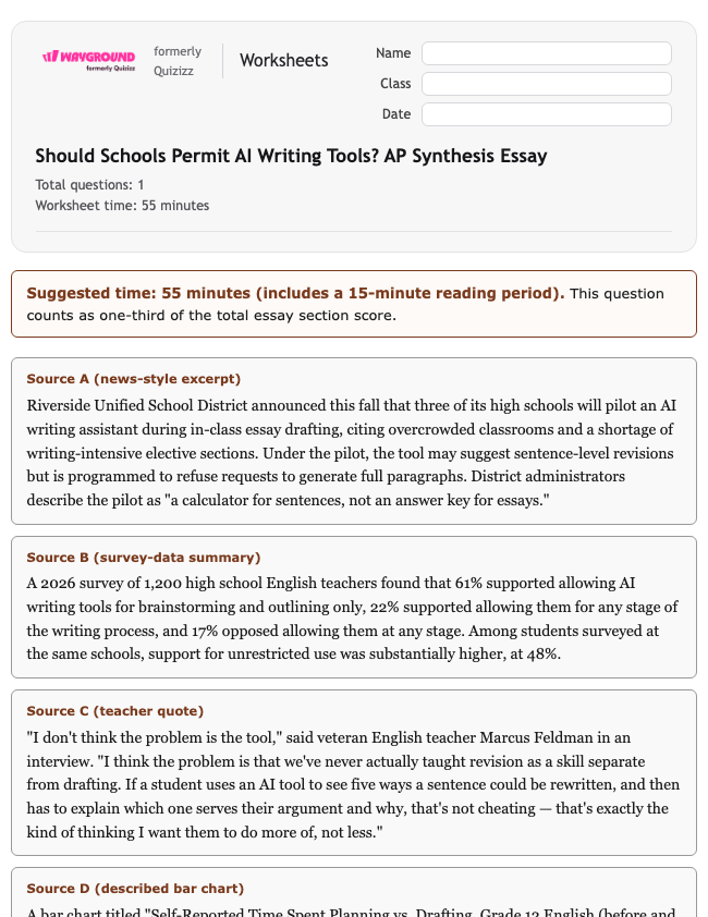 Should Schools Permit AI Writing Tools? AP Synthesis Essay - Printable Ela Worksheets Class 12 - Wayground